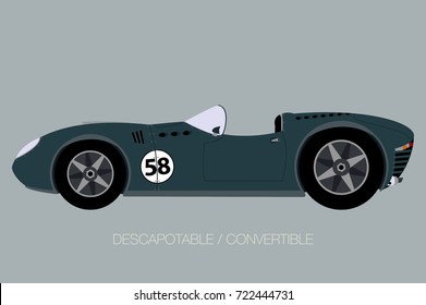 vintage street racing car, side view, flat design style