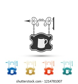 Vintage street signboard hanging on forged brackets with wooden mug of beer icon isolated on white background. Suitable for advertisements bar, tavern, cafe, pub, restaurant. Vector Illustration