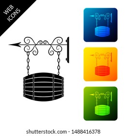 Vintage street signboard hanging on forged brackets with barrel shaped wooden icon. Suitable for advertisements bar, cafe, pub, restaurant. Set icons colorful square buttons. Vector Illustration