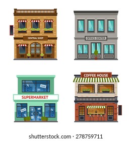 Vintage street view with office center shop coffee house and supermarket icons set abstract isolated  vector illustration