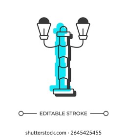 Vintage streetlight offset shadow line icon. Old fashioned post lamp. Outdoor lighting equipment. Retro style. Bold outline symbol with solid blue fill. Modern flat illustration. Editable stroke