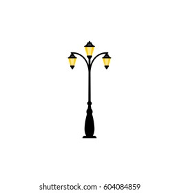 Vintage streetlight symbol. Vector retro object with three lamps isolated on white background