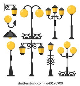 Vintage streetlights set. Black outdoor light posts, street lamps, street lanterns collection. Flat design graphic elements isolated on white background. Vector illustration