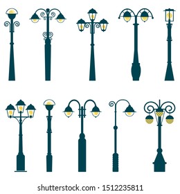 Vintage streetlights set on white background. Vector illustration