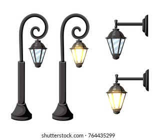 Vintage streetlights. Vector retro street lamp lights isolated on white background isolated on white background Web site page and mobile app design.