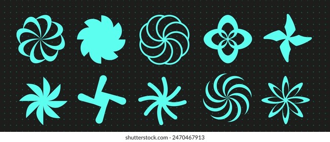 Vintage streetwear rave swirl symbol collection, cyber geometry spiral 90s figure design, techno groovy star shape vector, futuristic y2k rotation element aesthetic, geometric blue neon icon set.