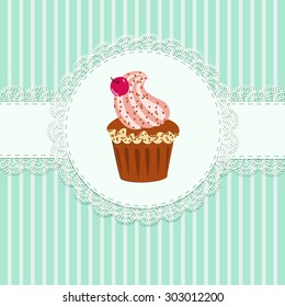 Vintage striped background with a cupcake and lace