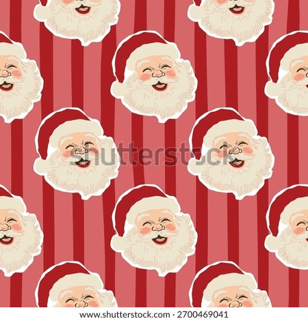 Vintage striped Christmas seamless pattern with Santa Claus faces. Red and pink vector winter holiday repeat background, wallpaper, textile design, wrap, gift paper. Hand drawn illustration.