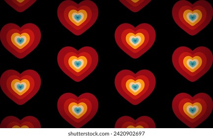 Vintage Striped heart pattern psychedelic concentric colored hearts with cartoon style. Backgrounds, Posters, Banner Samples, Retro Colors from the 1970s 1980s, 70s, 80s, 90s. retro vintage 70s