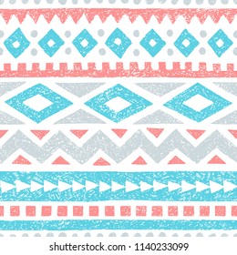 Vintage striped pattern. Geometric seamless print. Vintage background, handmade. White, gray, blue and pink colors. Vector illustration.