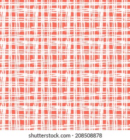 Vintage striped seamless pattern with crossing brushed lines in coral red and white colors. Vector hand drawn plaid texture.  