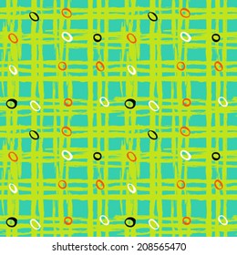 Vintage striped seamless pattern with crossing brushed lines and small random dots in multiple bright colors. Vector hand drawn plaid texture.