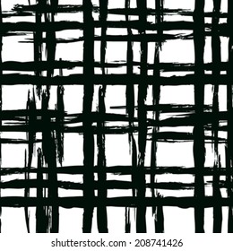 Vintage striped seamless pattern with crossing brushed lines in black and white. Vector hand drawn plaid texture.