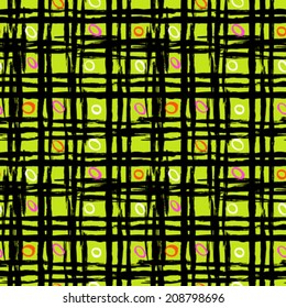 Vintage striped seamless pattern with crossing brushed lines and small random dots in multiple bright colors. Vector hand drawn plaid texture.