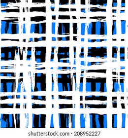 Vintage striped seamless pattern with crossing brushed lines in black, blue and white colors. Vector hand drawn plaid texture.  