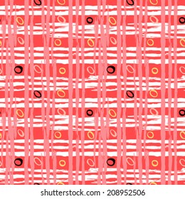 Vintage striped seamless pattern with crossing brushed lines and small random dots in multiple bright colors - red, white and black. Vector hand drawn plaid texture.
