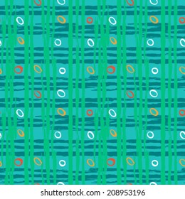 Vintage striped seamless pattern with crossing brushed lines and small random dots in multiple bright colors. Vector hand drawn plaid texture.