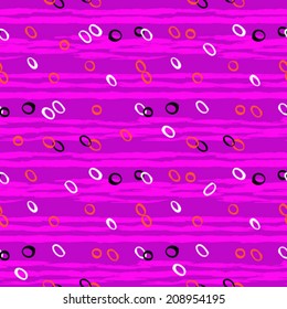 Vintage striped seamless pattern with horizontal brushed lines and small random dots in multiple bright colors on pink background. Vector hand drawn texture.