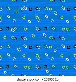 Vintage striped seamless pattern with horizontal brushed lines and small random dots in multiple bright colors on nautical blue background. Vector hand drawn texture.