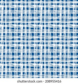 Vintage striped seamless pattern with loose crossing brushed lines in blue and white colors. Vector hand drawn plaid texture.  