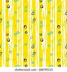Vintage striped seamless pattern with vertical brushed lines and small random dots in multiple bright colors on yellow background. Vector hand drawn texture.