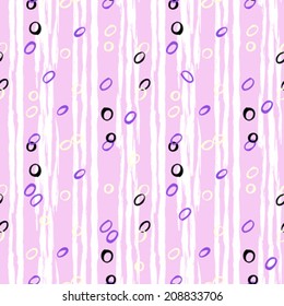 Vintage striped seamless pattern with vertical brushed lines and small random dots in multiple bright colors on pink background. Vector hand drawn texture.