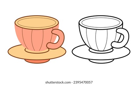 Vintage striped tea cup and saucer. Flat color and black and white vector illustration.