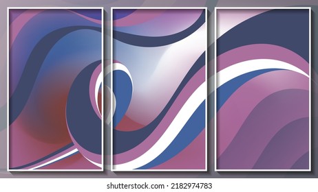 Vintage Striped Triptych. Overlapping And Swirling Stripes Against A Background Of Mixing Colors. Three Images In White Thin Frames. Vector.