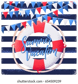 Vintage striped vest background with life buoy and triangular flags. Summer vacation lettering. Retro vector illustration. Design for invitation, banner, card, poster, flyer