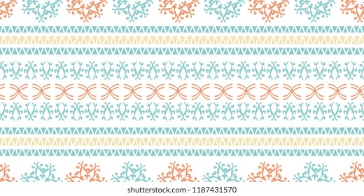 Vintage stripes tribal motif seamless pattern with colorful abstract drawing. Vector illustration for fashion wrapping and textile print.