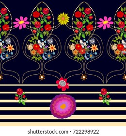 Vintage stripped border. Seamless vector pattern with asters, chrysanthemums, roses, wildflowers and yellow leaves on black background. Folk art textile collection.