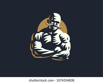 A vintage strong man with a big mustache, crossed his arms over his chest. Vector illustration.