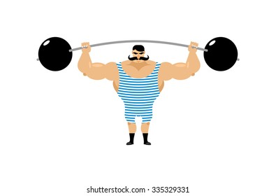 Vintage Strongman. Ancient athlete. Retro bodybuilder barbell. Strong power Circus actor.