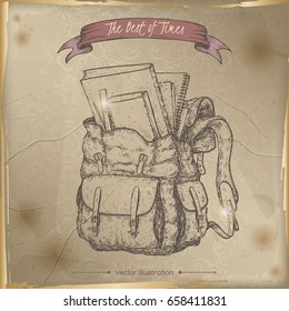 Vintage student backpack drawn sketch on old paper background. Vintage collection. Great for school, education, sport, retro design.