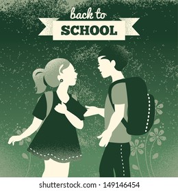 Vintage students background. School boy and girl. Back to school illustration