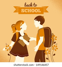Vintage students background. School boy and girl. Back to school illustration