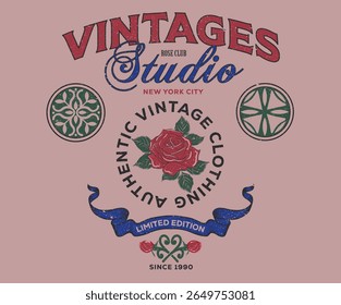 Vintage studio. Rose love club. Love you more yourself. Rose flower. Vintage floral print vector artwork for t shirt and others. Rose club print design for apparel, stickers, posters and background.