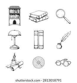 Vintage Study Objects Collection Black And White Sketch Illustration