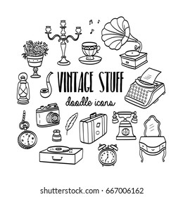 Vintage stuff illustration. Hand drawn doodle icons of vintage retro items.