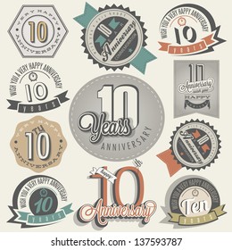 Vintage style 10 anniversary collection. Ten anniversary design in retro style. Vintage labels for anniversary greeting. Hand lettering style typographic and calligraphic symbols for 10 anniversary.