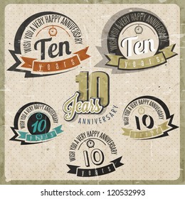 Vintage style 10 anniversary sign collection. Ten anniversary card design in retro style.