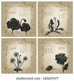 Vintage style 2014 year vector calendar. Hand drawn ink flowers. Part 2 (May, June, July, August)