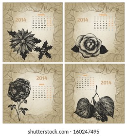 Vintage style 2014 year vector calendar. Hand drawn ink flowers. Part 1 (January, February, March, April)