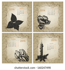 Vintage style 2014 year vector calendar. Hand drawn ink flowers. Part 3 (September, October, November, December)