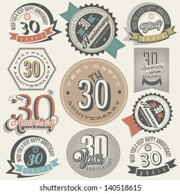 Vintage style 30 anniversary collection. Thirty anniversary design in retro style. Vintage labels for anniversary greeting. Hand lettering style typographic and calligraphic symbols for 30 anniversary