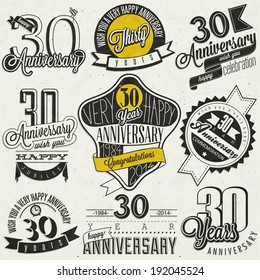 Vintage style 30 anniversary collection. Thirty anniversary design in retro style. Vintage labels for anniversary greeting. Hand lettering style typographic and calligraphic symbols for 30 anniversary