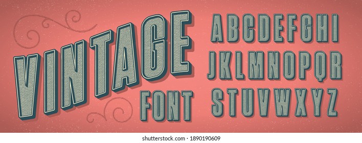 Vintage style 3D font with hatched lines and shadows. A unique design font with a detailed letterpress texture taken from high resolution scans