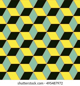 vintage style 3D geometric seamless pattern with cubes and diamonds in a retro black, yellow, blue palette