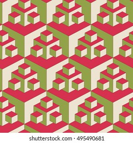 vintage style 3D geometric seamless pattern with fractal cubes in a retro red and green palette