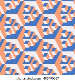 vintage style 3D geometric seamless pattern with fractal cubes in a retro pastel blue and orange palette